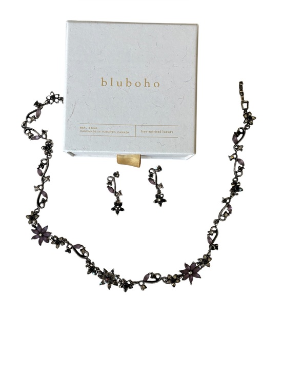 bluboho Jewelry - Bluboho Purple Floral Necklace & Earrings Jewelry Set Made in Canada